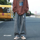 AIDASE  -  Vintage Cargo Pants Men Fashion Streetwear Pockets Wide Leg Straight Y2k Casual Trousers Baggy Drawstring Overalls Black/Gray aidase-shop