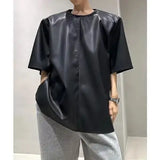 Aidase Large Size Leather Shirt Spring PU Leather Jacket High-end Feeling Short Sleeved Top Temperament Loose Fit Unisex  Grunge Tees aidase-shop