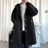 Aidase Men's Windbreaker Jacket Long Trench Oversize Loose Streetwear Hooded Vintage Black Coats High Street Casual Male Outerwear
