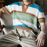 Aidase American Vintage Striped Knitted Polo Shirt For Men Fashion Contrast Color Hollow Out Kint Tops New Summer Short Sleeve Tshirs