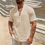 AIDASE  -  Men's Linen Blend Henley Shirt Short Sleeve V Neck Casual Summer Beach Top aidase-shop