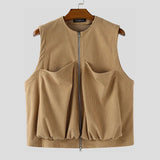 AIDASE  -  Men Vests Solid Color Sleeveless Zipper Casual Male Waistcoats Streetwear Loose 2025 Pockets Fashion Corduroy Vests Men aidase-shop