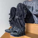 AIDASE  -  American Vibe Zipper Belted Men's Jeans High Street Cool Loose Workwear Wide Leg Pants Street Style Fashionable Cargo Trousers