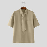 AIDASE  -  Men Shirt Solid Color Lapel Short Sleeve Button Men Clothing With Tie Streetwear Loose Korean Style Fashion Casual Tops aidase-shop