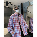 Aidase Men Shirt Plaid Tie-dye Long Sleeve Mens Casual Loose Shirt Autumn High Quality Oversized Male Checked Shirt Red/Blue/Gray