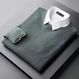 Aidase Autumn/Winter Men's Solid Color Slim Fit Pullover Fake Two Pieces Casual Fashion Elegant Commuter Knitted Bottom Shirt aidase-shop