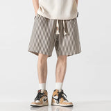AIDASE  -  Korean Simplicity Summer Casual Shorts Men's Striped Elastic Waist Drawstring Pockets Youthful Vitality Loose Knee Length Pants aidase-shop