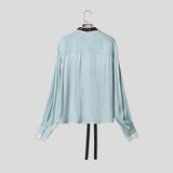 AIDASE  -  Men Shirt Lace Patchwork Long Sleeve Stand Collar Men Clothing Tops With Belt Streetwear Fashion Casual Male Shirts aidase-shop