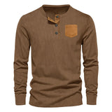 AIDASE  -  Spring and Autumn New Men's Three Button Corduroy Henry Long Sleeved T-shirt Round Neck Slim Fit aidase-shop