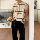 AIDASE  -  Daily Leisure Mens Slim Polo Shirts Knitted Short Sleeve Buttoned Turn-down Collar Polo Shirt Summer Casual Striped Knitting Top aidase-shop