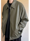 AIDASE  -  ex Loose Fit Pure Color Motorcycle Jaet PU Leather Flight Coat Street Sle Versatile Outerwear for Men And Women aidase-shop