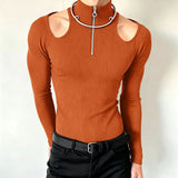 AIDASE  -  Men T Shirt Solid Zipper Knitted Off Shoulder Turtleneck Long Sleeve Male Tee Tops Streetwear Fashion Casual Camisetas aidase-shop