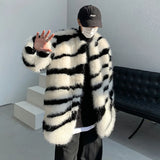 Aidase Male Loose Fur Coat Men's Contrast Color Striped Round Neck 2024 Autumn High Street Male Cotton Overcoat Stylish aidase-shop