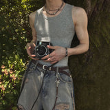 AIDASE  -  Summer New Men Tide Round Collar Vest Slim Sleeveless T-shirts Korean 100% Cotton Camisole Streetwear Chic Waistcoat HK5155 aidase-shop