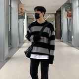 Knitted Light Luxury Pullovers Sweater Men Casual Striped Vintage Loose O Neck Solid Color Long Sleeve Coat Streetwear aidase-shop