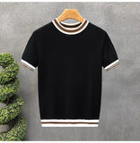 AIDASE  -  New Summer Men's Short-Sleeve Knitted Shirt Crew Neck Top Color-Blocked Striped Ice Silk Breathable Slim Fit Business T- Shirt aidase-shop