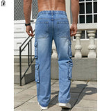 AIDASE  -  Men's Straight Fit Cargo Jeans | Light Blue Washed Denim Pants | Casual Street Style Trousers Baggy Streetwear Trousers aidase-shop