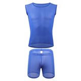 AIDASE  -  Sexy Sleeveless Mesh Transparent T-shirts Mens Lounge Undershirts Tank Tops Sexy Homme Boxer Shorts Gym Homewear Men Clothes Set aidase-shop