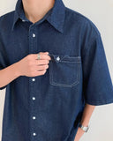 AIDASE  -  Blue Casual Short Sleeve Denim Shirt for Men Summer New Loose Style with Pocket Versatile Simple Design Top Casual Shirt aidase-shop