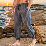 AIDASE  -  Men's Striped Linen Blend Beach Pants Elastic Waist Drawstring Casual Trousers aidase-shop