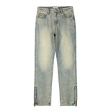 Aidase Streetwear Vibe Distressed Washed Trousers Jeans Yellow Mud Dyed Zipper Split Slim Straight Jeans Men Retro Jeans Vintage Y2k