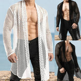 Aidase Sexy Hollow Out Loose Cardigan Shawl Mens Spring Summer Long Sleeve Beach Shirts Mesh Perspective Long Coat Cloak Streetwear