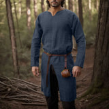 Aidase Streetwear Long Sleeve Tshirt For Men European Medieval Knight Top Vintage Loose V-neck Split Long Gown Pullover