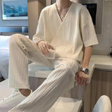 AIDASE  -  Korean Style Fashion Ice Silk Sports Suit Men's Large Size V-neck Short-sleeved T-shirt Trousers British Handsome Two-piece Set aidase-shop