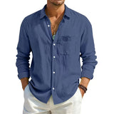 AIDASE  -  Men's Linen Texture Long Sleeve Shirt Light Blue Casual Button Down Shirts with Pocket Summer Old Money Style Breathable Tops aidase-shop