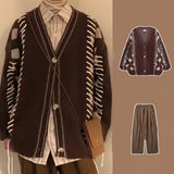 =Aidase Loose Knitted Sweater Set Men Women Vintage Patchwork Sweater Cardigan +High Street Wide Legs Loose Lantern Jeans Two-piece Sets aidase-shop
