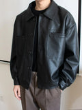 Aidase Men Korean Style Faux Leather Jacket for Male Loose Short Motorcycle Leather Jacket Oversize Brown Retro Button PU Moto Coat 3XL aidase-shop