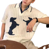 AIDASE  -  American Casual Hollow out Dog Embroidery Polo Knitted Shirt Short Sleeve T Shirt Couple Summer Breathable Top Polyester Fabric aidase-shop