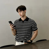 Aidase Summer Men's Casual Business Luxury V Neck Knit Polo Shirt Korean Striped Short Sleeve Retro Breathable Fashion Leisure Knitwear
