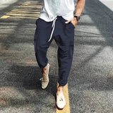AIDASE  -  Men's Striped Linen Blend Harem Pants Elastic Waist Drawstring Casual Trousers aidase-shop