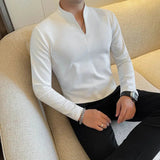 AIDASE  -  New Chinese Solid Color Slim and Simple Men's T-shirt Stand Collar Elastic Casual V-neck T Base Shirt aidase-shop