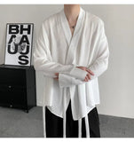 AIDASE  -  Spring New Jacquard Long Sleeved Design Loose Men's Shirt Solid Color V-neck Solid Color Male Tops aidase-shop