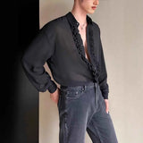 AIDASE  -  Autumn New Male Solid Color Long-Sleeved Perspective Shirt American Retro Fashion Trend High Street Casual Loose Niche Men's Top aidase-shop