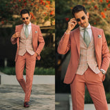 Aidase mens outfits Coral Red Men Suit Tailor-Made 3 Pieces Blazer Plaid Vest Pants Tuxedo One Button Business Fashion Wedding Groom Prom Tailored