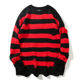 AIDASE  -  Black Stripe Sweaters Destroyed Ripped Sweater Men Pullover Hole Knit Jumpers Men Oversized Sweatshirt Harajuku Long Sleeve Tops aidase-shop