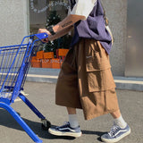 Aidase Oversized Loose Streetwear Women Cropped Pants Japanese Hip Hop Pockets Cargo Wide Leg Trousers Retro Casual Straight Pants