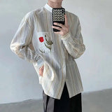 AIDASE  -  Rose Printing Men's Shirts Colorful Striped Deign Stand Collar Long Sleeved Contrast Color Single Breasted Male Tops