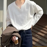 AIDASE  -  Autumn 100% Cotton Small V-neck Long Sleeve T-shirts Men Korean Casual Solid Color High-end Design Loose Bottoming Shirt Men aidase-shop