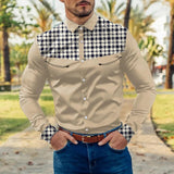 AIDASE  -  Elegant Chest Pocket Men'S Plaid Shirt Mens Fashion Casual Houndstooth Color Block Splicing Lapel Button Cuffs Camisas De Hombre aidase-shop