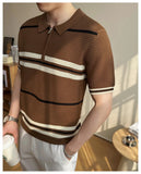 AIDASE  -  Summer Striped Knitted Shirt for Men, Business Casual Short Sleeve POLO, Half-Zip Breathable T-Shirt.Stretchable aidase-shop