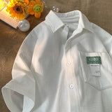 26.98Aidase Korean Style Men and Women Trendy Waffle Short Sleeved Shirt Summer Couple Retro Patch Casual Loose Half Sleeved T-shirt Top aidase-shop