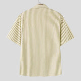 AIDASE  -  Men Shirt Striped Patchwork Lapel Short Sleeve Button Men Clothing Streetwear Korean Style Loose Fashion Casual Tops Men aidase-shop