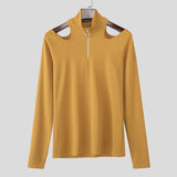 AIDASE  -  Men T Shirt Solid Zipper Knitted Off Shoulder Turtleneck Long Sleeve Male Tee Tops Streetwear Fashion Casual Camisetas aidase-shop
