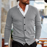 AIDASE  -  Spring Autumn Mens Solid Color Knitted Cardigan Fashion V-Neck Long Sleeve Slim Fit Sweater Coat with Pockets Men Knit Outwear aidase-shop