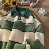 Aidase POLO Collar Sweater Boys Stripe Academy Winter Slouchy Style Man Clothes Retro Autumn Winter Thickened Coat Knit Sweater Men aidase-shop