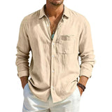 AIDASE  -  Men's Linen Texture Long Sleeve Shirt Light Blue Casual Button Down Shirts with Pocket Summer Old Money Style Breathable Tops aidase-shop